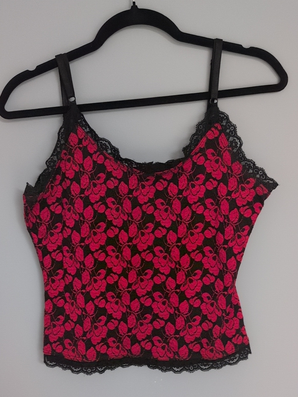 Y2k Black Camisole with Red Floral And Lace